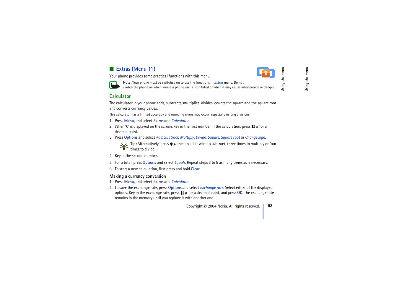 Extras (menu 11), Calculator, Making a currency conversion | Nokia 3100 User Manual | Page 93 / 118