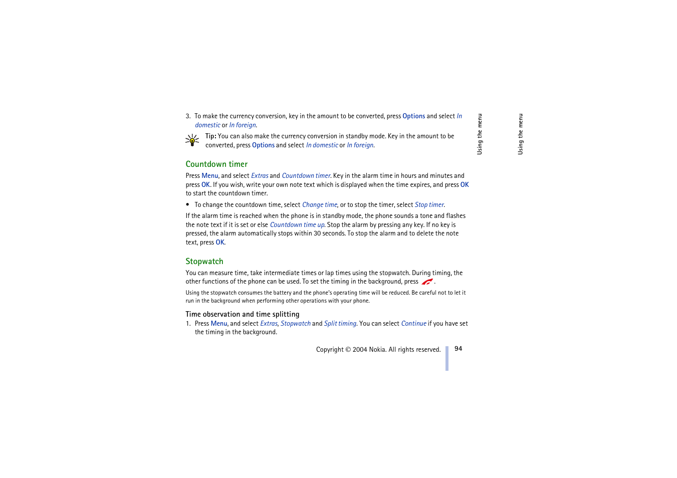 Countdown timer, Stopwatch, Time observation and time splitting | Countdown timer stopwatch, See stopwatch | Nokia 3100 User Manual | Page 94 / 118