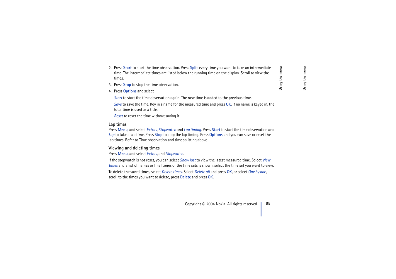 Lap times, Viewing and deleting times, Lap times viewing and deleting times | Nokia 3100 User Manual | Page 95 / 118