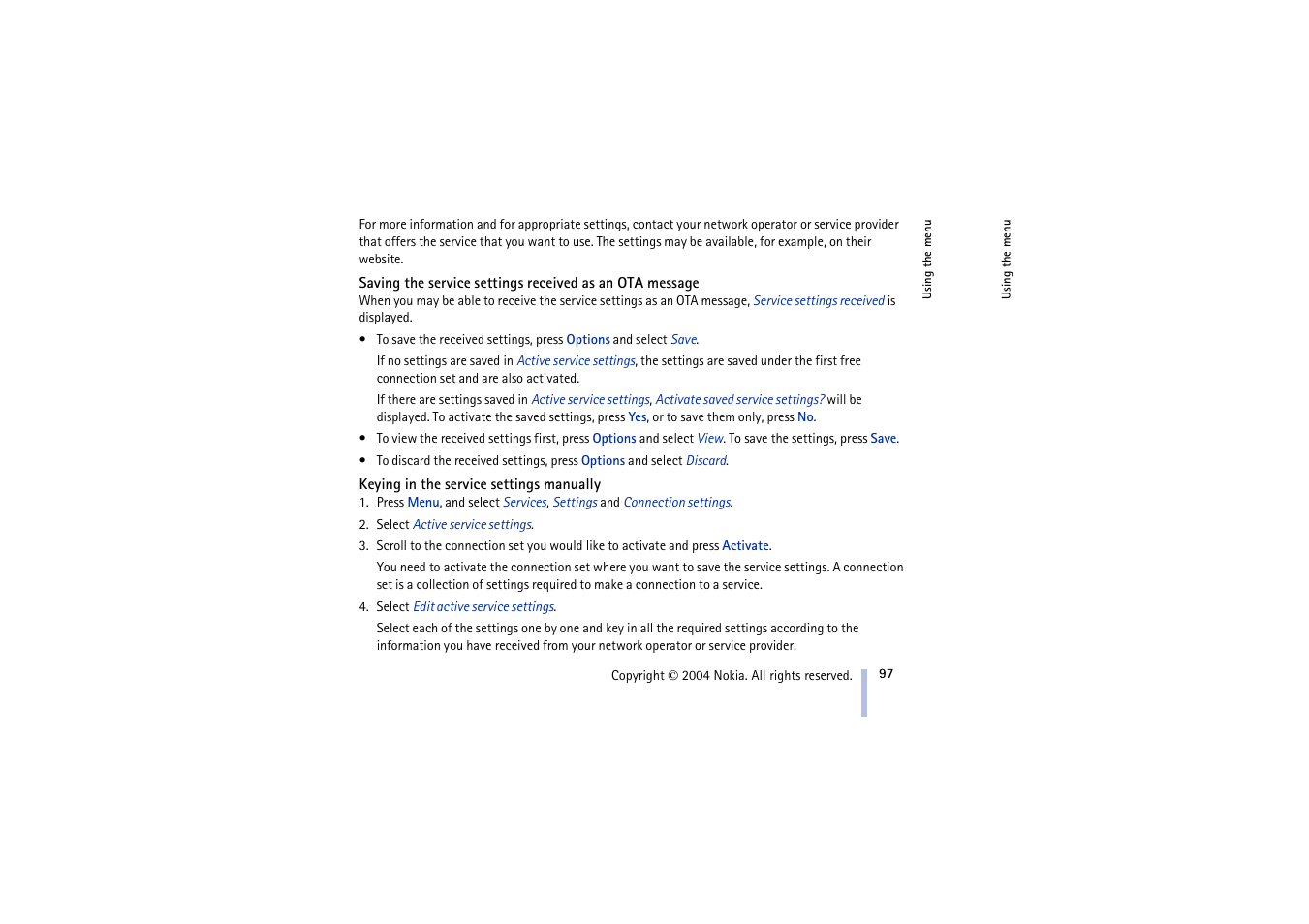 Keying in the service settings manually, D name, press, Options | Nokia 3100 User Manual | Page 97 / 118