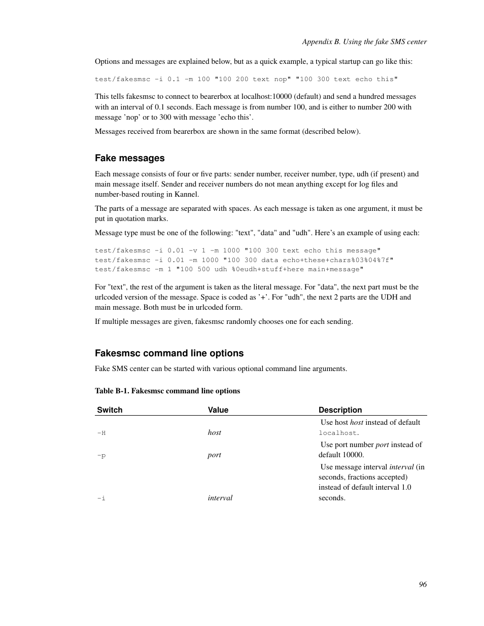 Fake messages, Fakesmsc command line options, 95 fakesmsc command line options | B-1. fakesmsc command line options | Nokia WAP and SMS gateway User Manual | Page 103 / 116