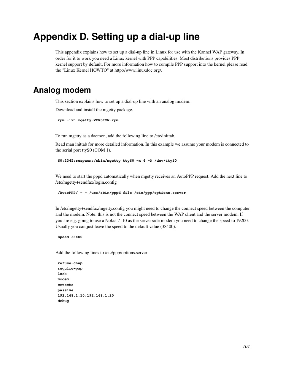 Appendix d. setting up a dialup line, Analog modem, D. setting up a dial-up line | Appendix d. setting up a dial-up line | Nokia WAP and SMS gateway User Manual | Page 111 / 116