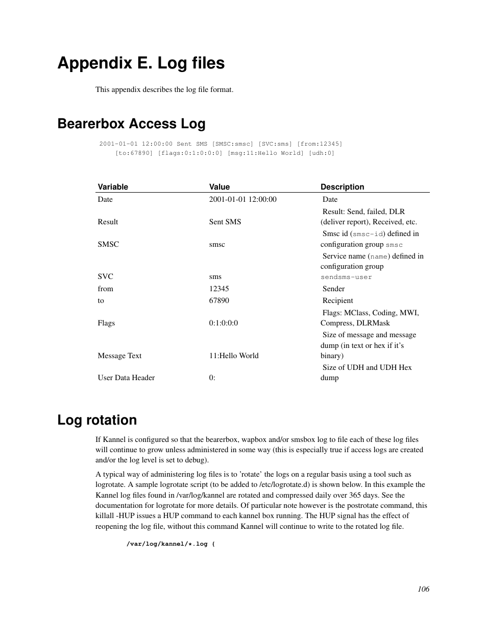 Appendix e. log files, Bearerbox access log, Log rotation | E. log files, 105 log rotation | Nokia WAP and SMS gateway User Manual | Page 113 / 116