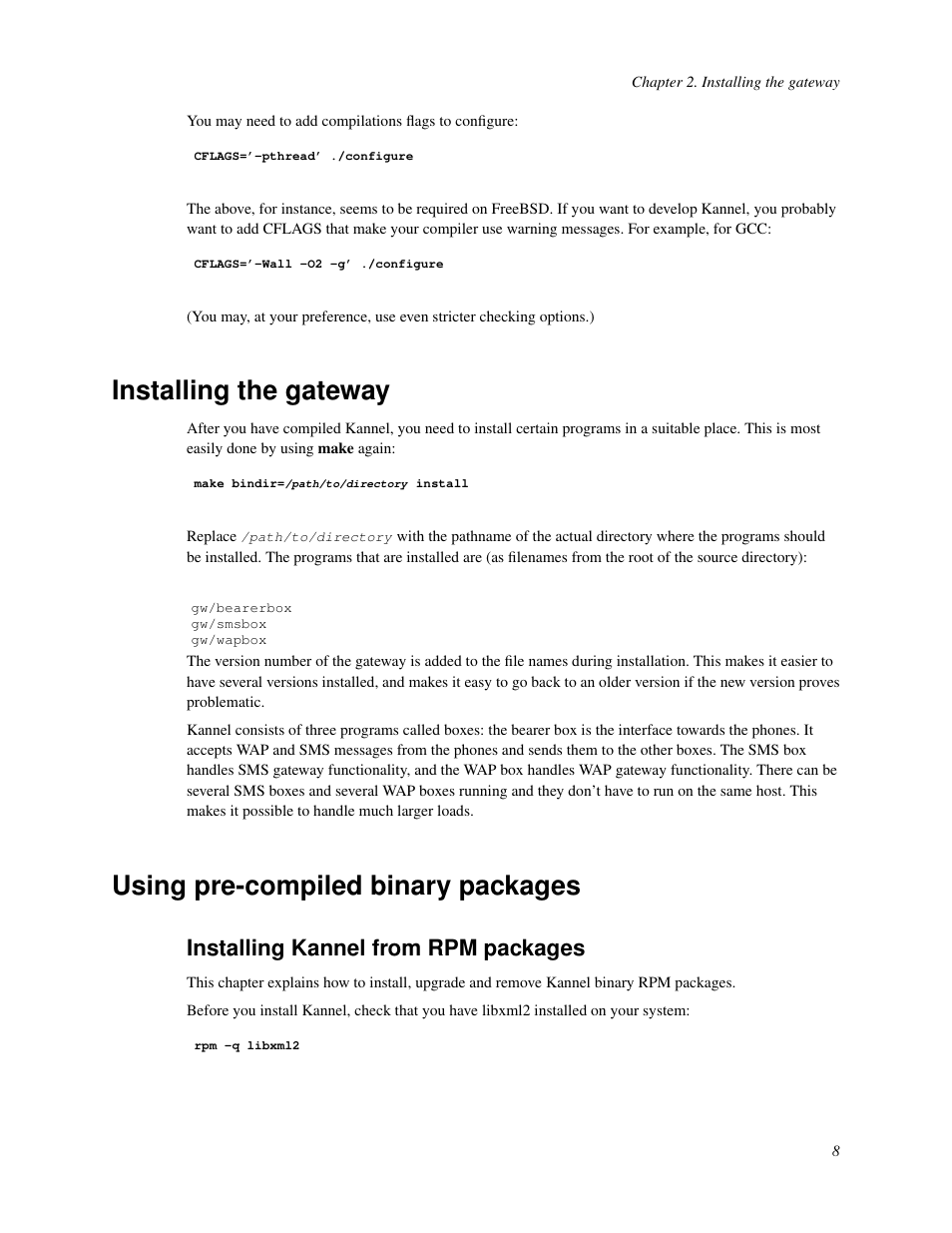 Installing the gateway, Using precompiled binary packages, Installing kannel from rpm packages | 7 using pre-compiled binary packages, Using pre-compiled binary packages | Nokia WAP and SMS gateway User Manual | Page 15 / 116