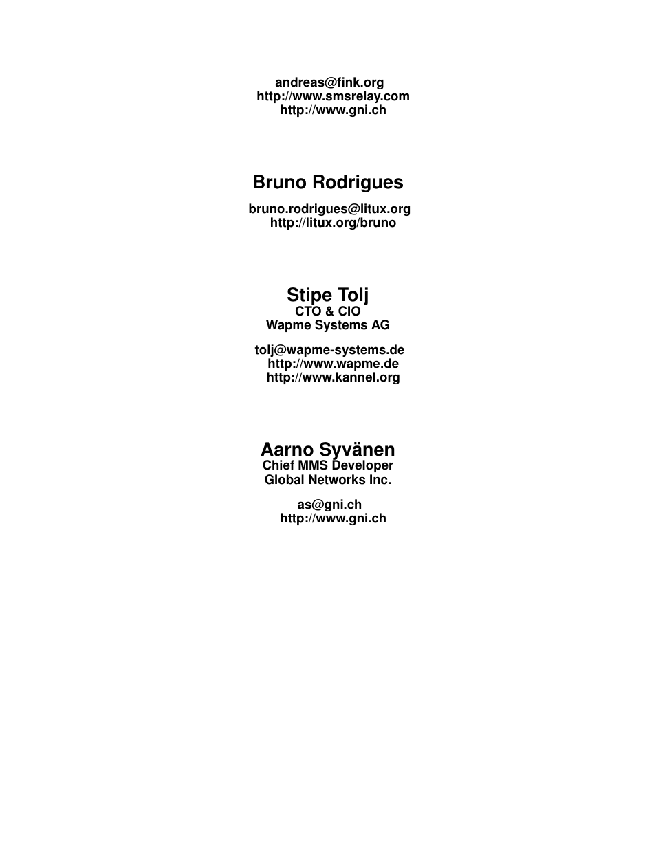 Bruno rodrigues, Stipe tolj, Aarno syvänen | Nokia WAP and SMS gateway User Manual | Page 2 / 116
