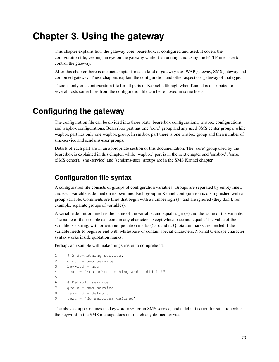 Chapter 3. using the gateway, Configuring the gateway, Configuration file syntax | Using the gateway | Nokia WAP and SMS gateway User Manual | Page 20 / 116