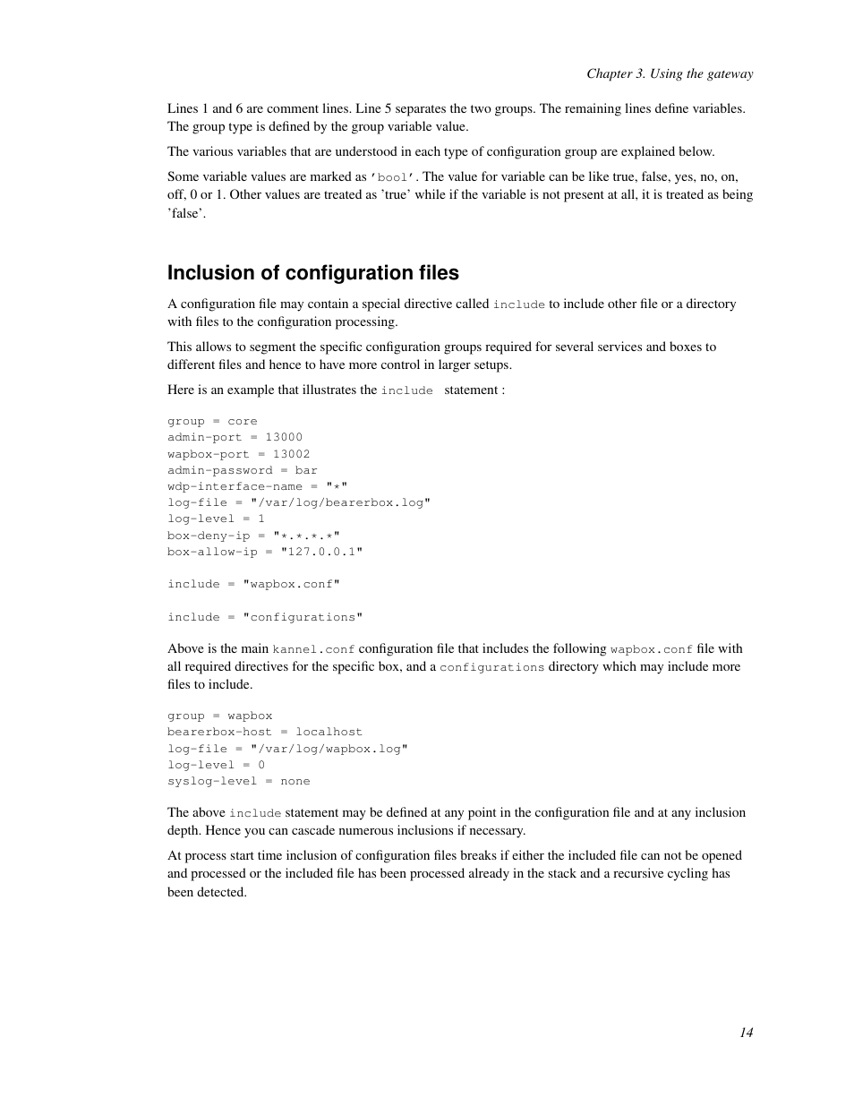 Inclusion of configuration files, 13 core configuration | Nokia WAP and SMS gateway User Manual | Page 21 / 116