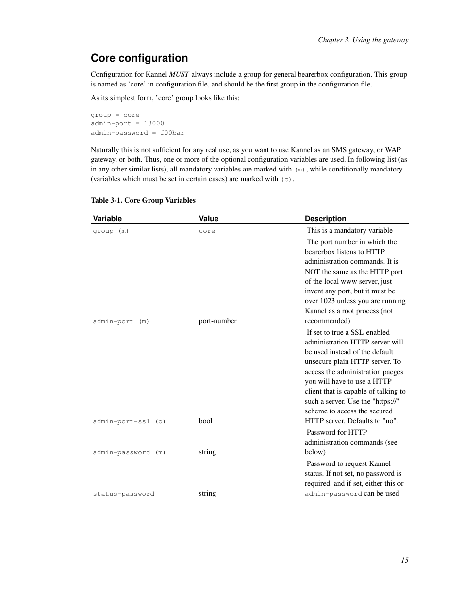 Core configuration, 1. core group variables | Nokia WAP and SMS gateway User Manual | Page 22 / 116