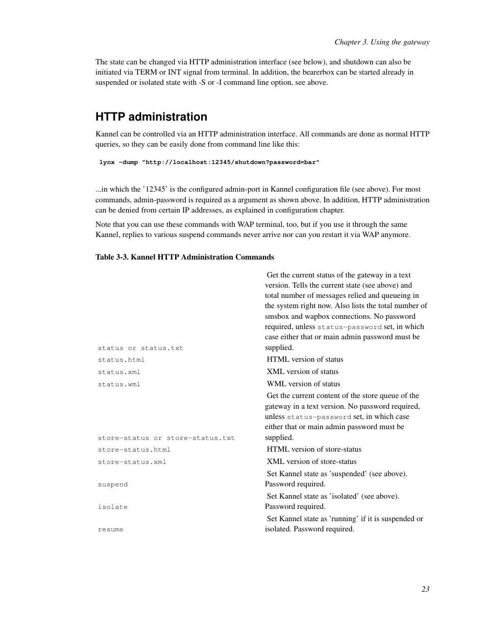 Http administration, 3. kannel http administration commands | Nokia WAP and SMS gateway User Manual | Page 30 / 116