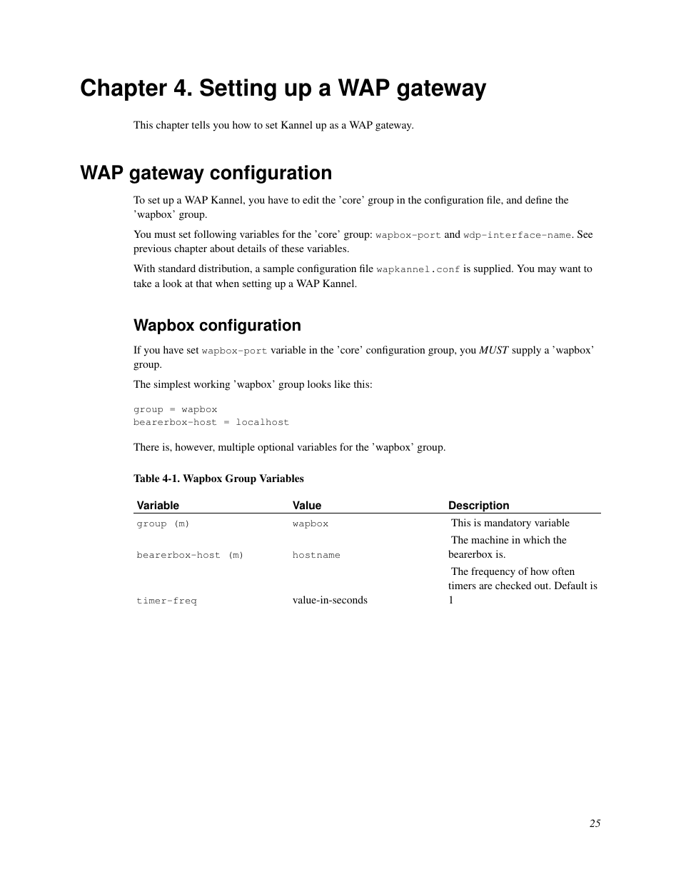 Chapter 4. setting up a wap gateway, Wap gateway configuration, Wapbox configuration | Setting up a wap gateway, 1. wapbox group variables | Nokia WAP and SMS gateway User Manual | Page 32 / 116
