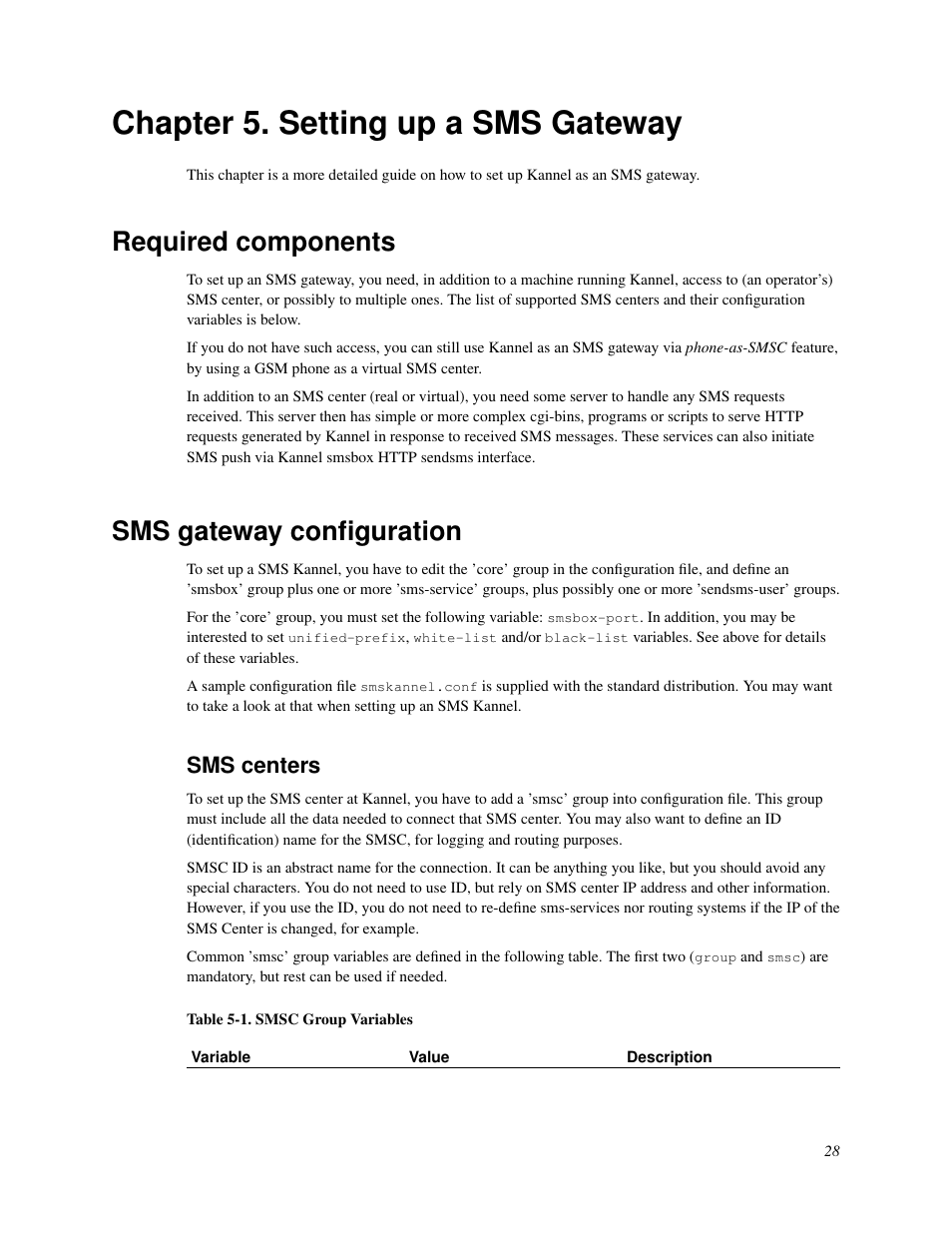 Chapter 5. setting up a sms gateway, Required components, Sms gateway configuration | Sms centers, Setting up a sms gateway, 27 sms gateway configuration, 1. smsc group variables | Nokia WAP and SMS gateway User Manual | Page 35 / 116