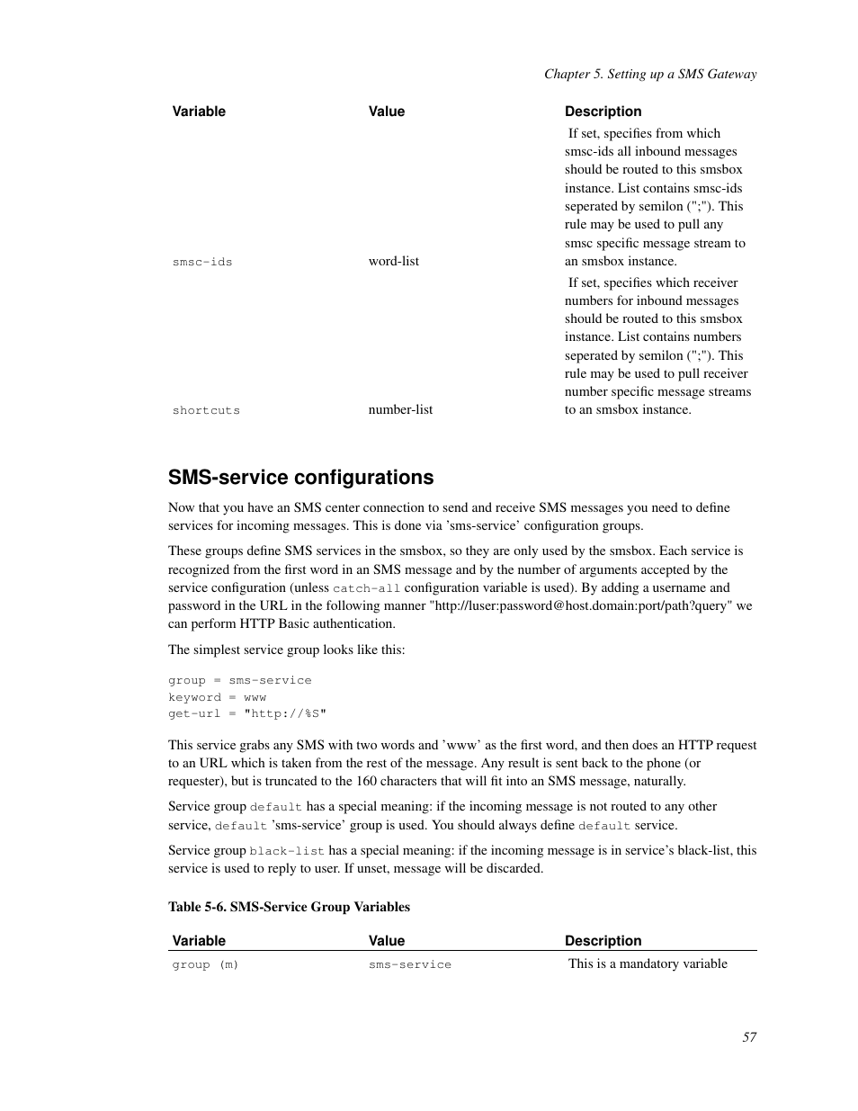 Smsservice configurations, Sms-service configurations, 6. sms-service group variables | Nokia WAP and SMS gateway User Manual | Page 64 / 116