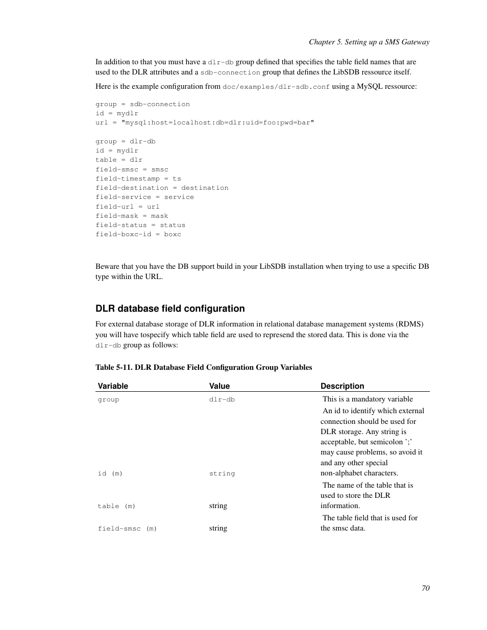 Dlr database field configuration | Nokia WAP and SMS gateway User Manual | Page 77 / 116