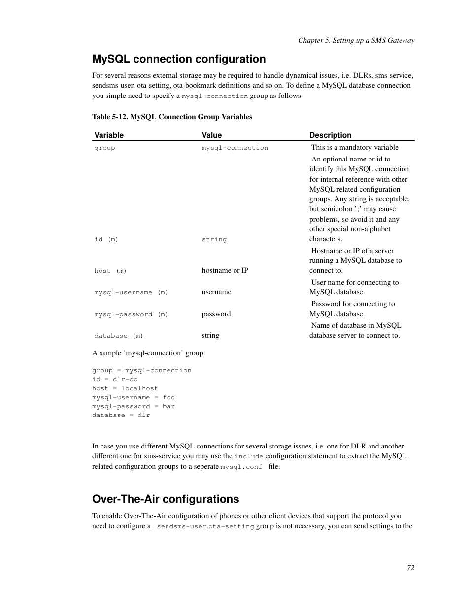 Mysql connection configuration, Overtheair configurations, Over-the-air configurations | 12. mysql connection group variables | Nokia WAP and SMS gateway User Manual | Page 79 / 116
