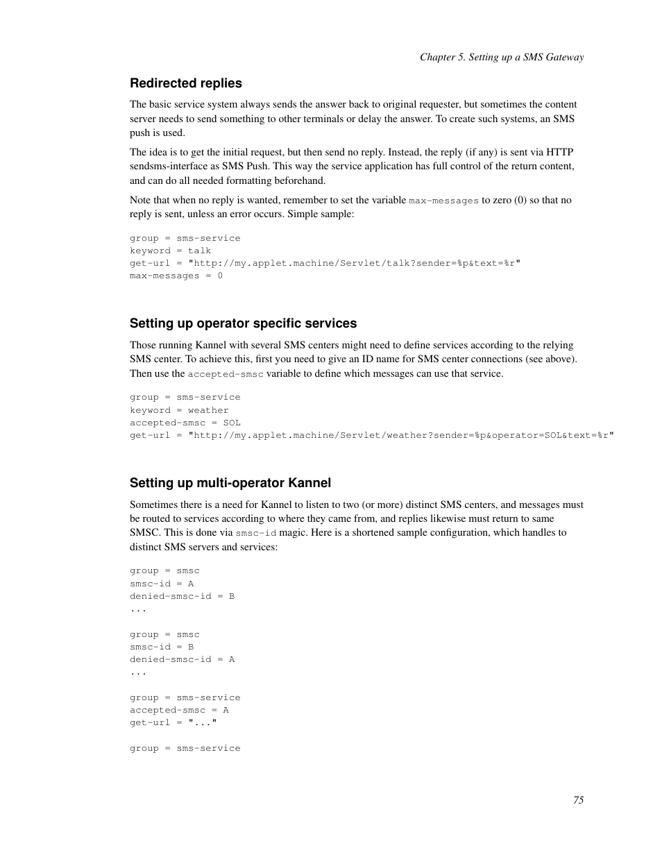 Redirected replies, Setting up operator specific services, Setting up multioperator kannel | 74 setting up multi-operator kannel | Nokia WAP and SMS gateway User Manual | Page 82 / 116