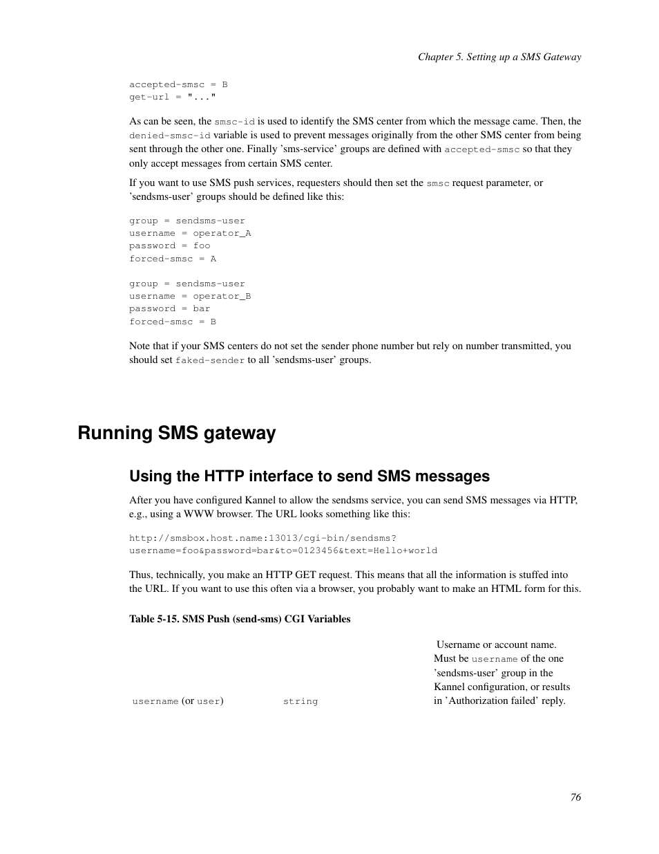 Running sms gateway, Using the http interface to send sms messages, 15. sms push (send-sms) cgi variables | Nokia WAP and SMS gateway User Manual | Page 83 / 116