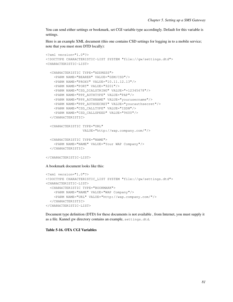 16. ota cgi variables | Nokia WAP and SMS gateway User Manual | Page 88 / 116