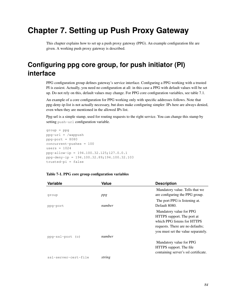 Chapter 7. setting up push proxy gateway, Setting up push proxy gateway, 1. ppg core group configuration variables | Nokia WAP and SMS gateway User Manual | Page 91 / 116