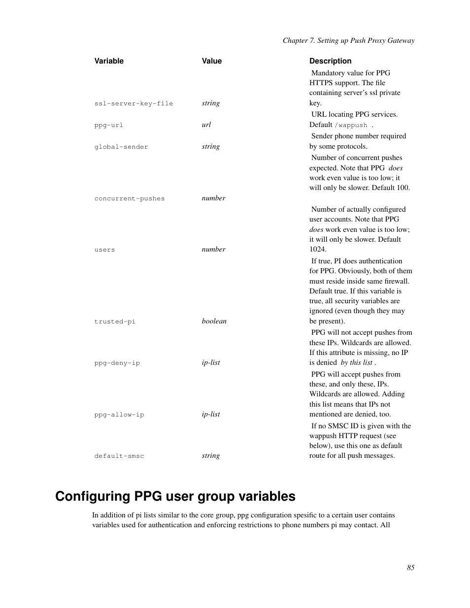 Configuring ppg user group variables | Nokia WAP and SMS gateway User Manual | Page 92 / 116