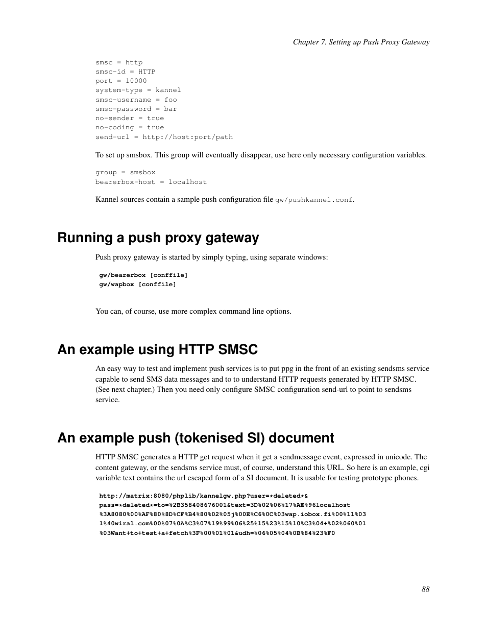 Running a push proxy gateway, An example using http smsc, An example push (tokenised si) document | 87 an example using http smsc, 87 an example push (tokenised si) document | Nokia WAP and SMS gateway User Manual | Page 95 / 116
