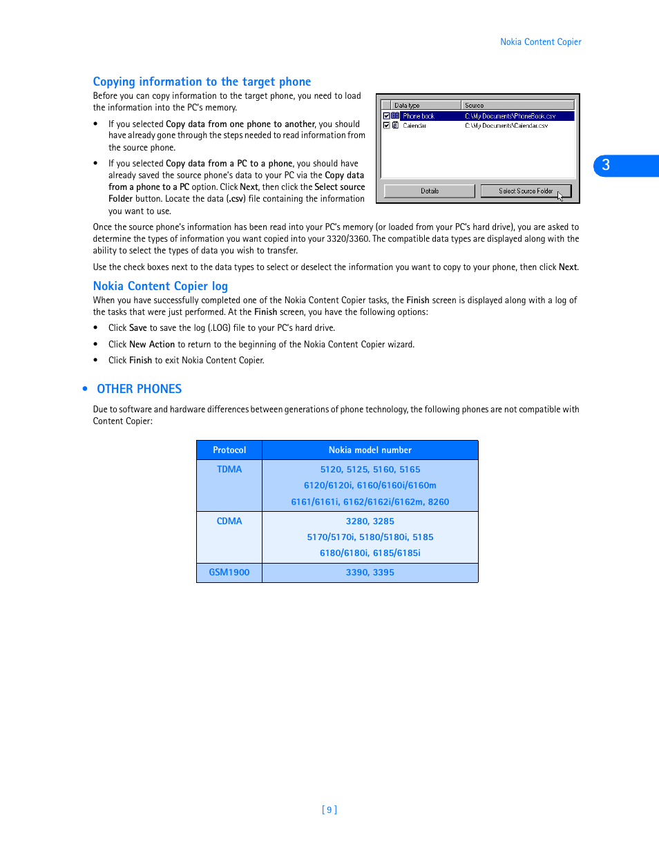 Copying information to the target phone, Nokia content copier log, Other phones | Nokia 3320 User Manual | Page 11 / 32