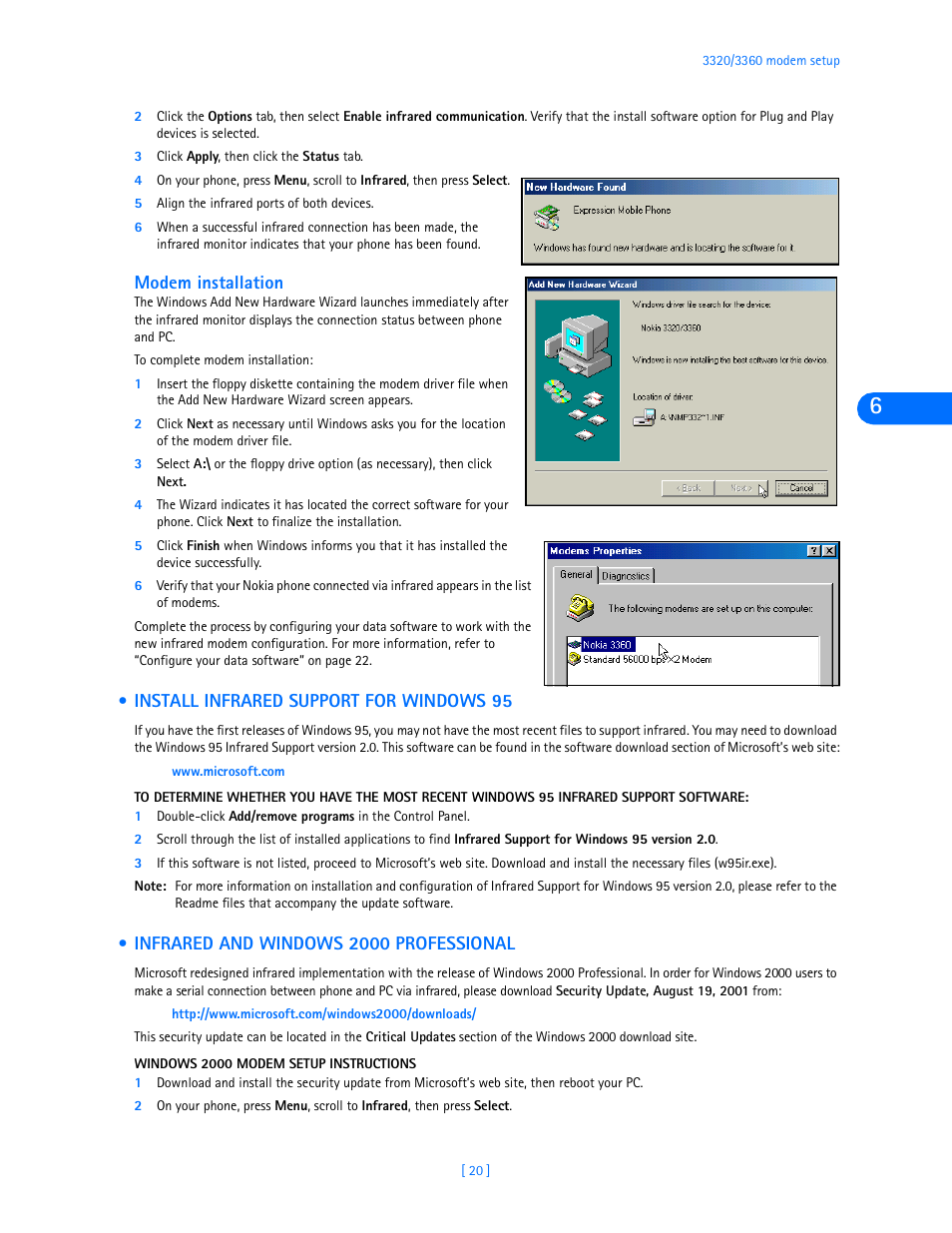 Modem installation, Install infrared support for windows 95, Infrared and windows 2000 professional | Nokia 3320 User Manual | Page 22 / 32