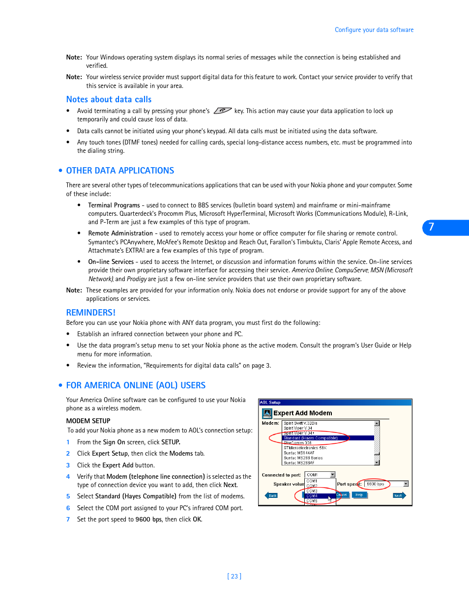 Notes about data calls, Other data applications, Reminders | For america online (aol) users | Nokia 3320 User Manual | Page 25 / 32