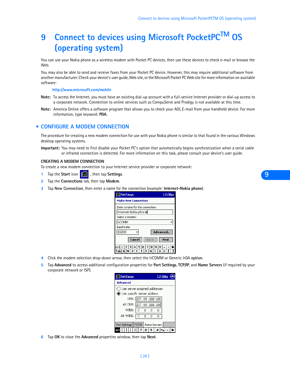 Configure a modem connection, Connect to devices using microsoft pocketpc, 9connect to devices using microsoft pocketpc | Os (operating system) | Nokia 3320 User Manual | Page 28 / 32