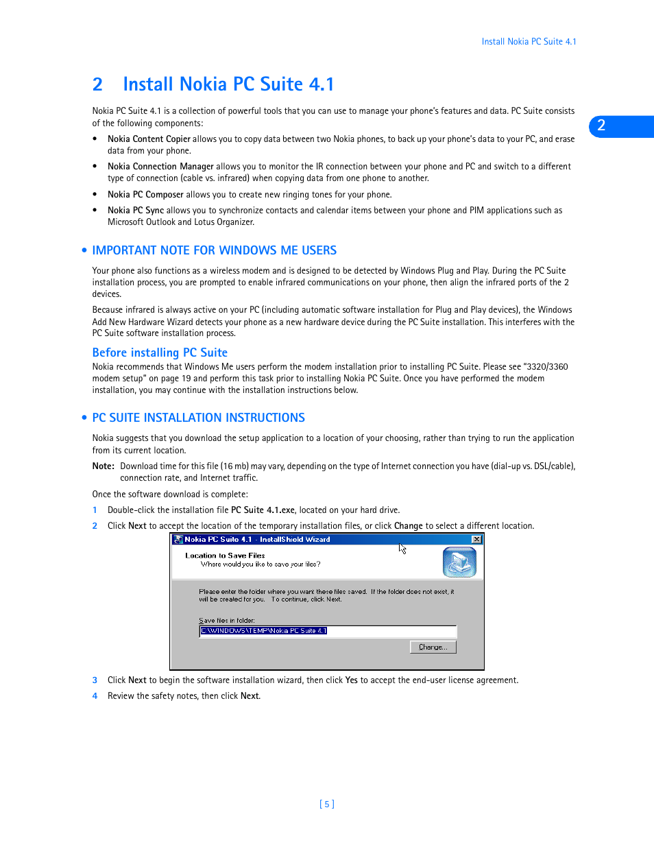 2 install nokia pc suite 4.1, Important note for windows me users, Before installing pc suite | Pc suite installation instructions, Install nokia pc suite 4.1, 2install nokia pc suite 4.1 | Nokia 3320 User Manual | Page 7 / 32