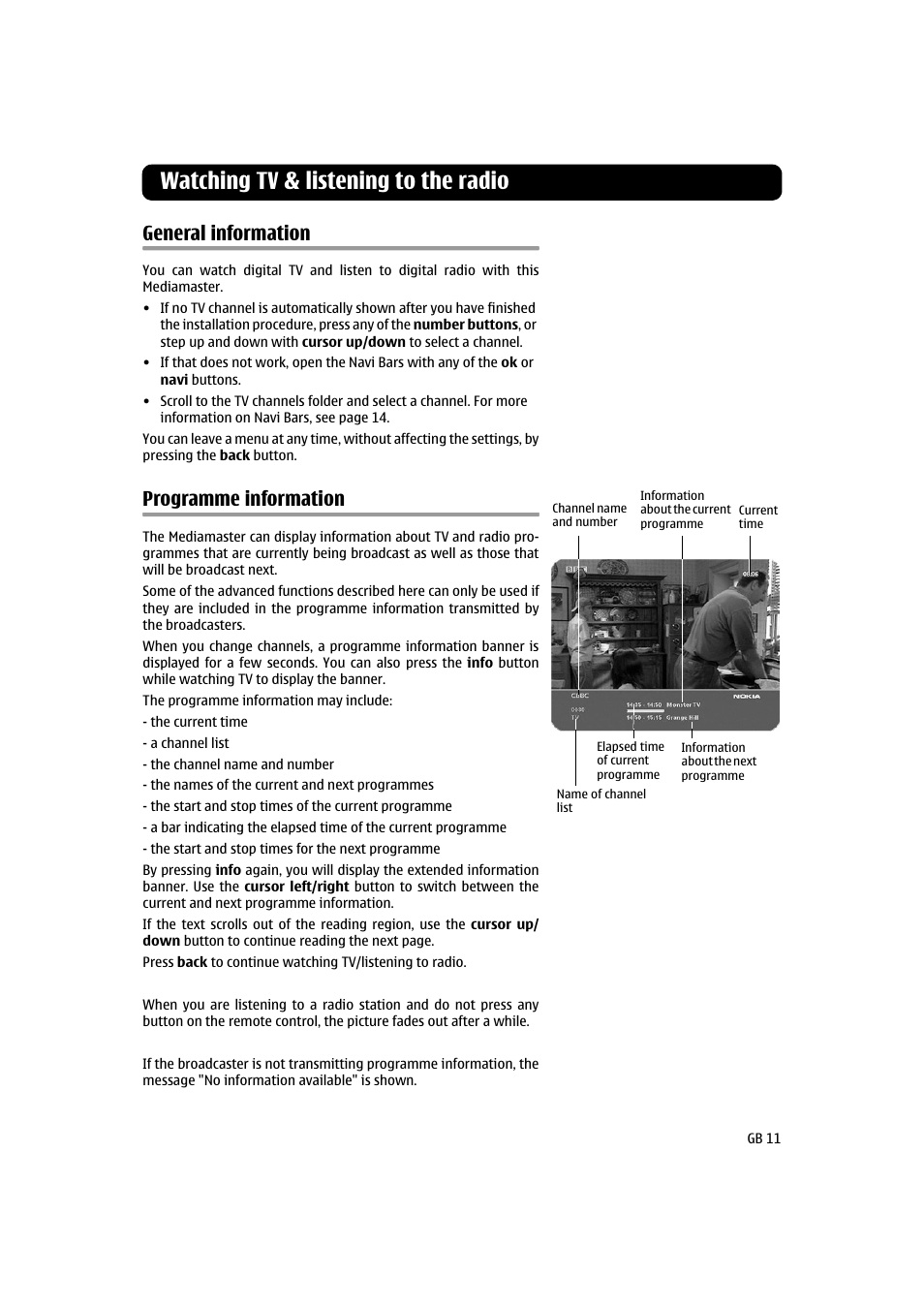 Watching tv & listening to the radio, General information, Programme information | Nokia 120 T User Manual | Page 11 / 26