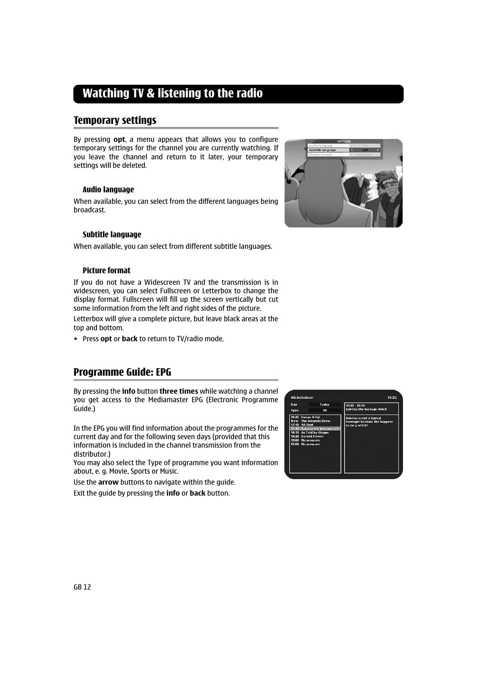 Watching tv & listening to the radio, Temporary settings, Programme guide: epg | Nokia 120 T User Manual | Page 12 / 26