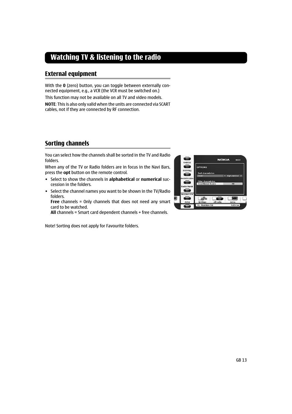 Watching tv & listening to the radio, External equipment, Sorting channels | Nokia 120 T User Manual | Page 13 / 26