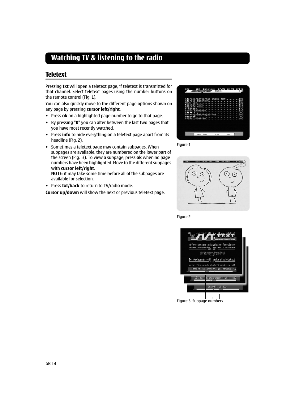 Watching tv & listening to the radio, Teletext | Nokia 120 T User Manual | Page 14 / 26