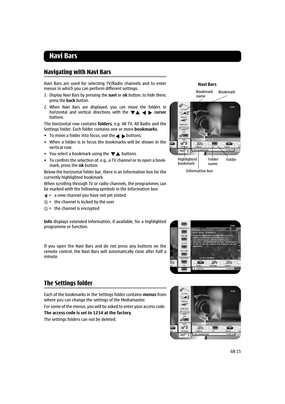 Navi bars, Navigating with navi bars, The settings folder | Nokia 120 T User Manual | Page 15 / 26