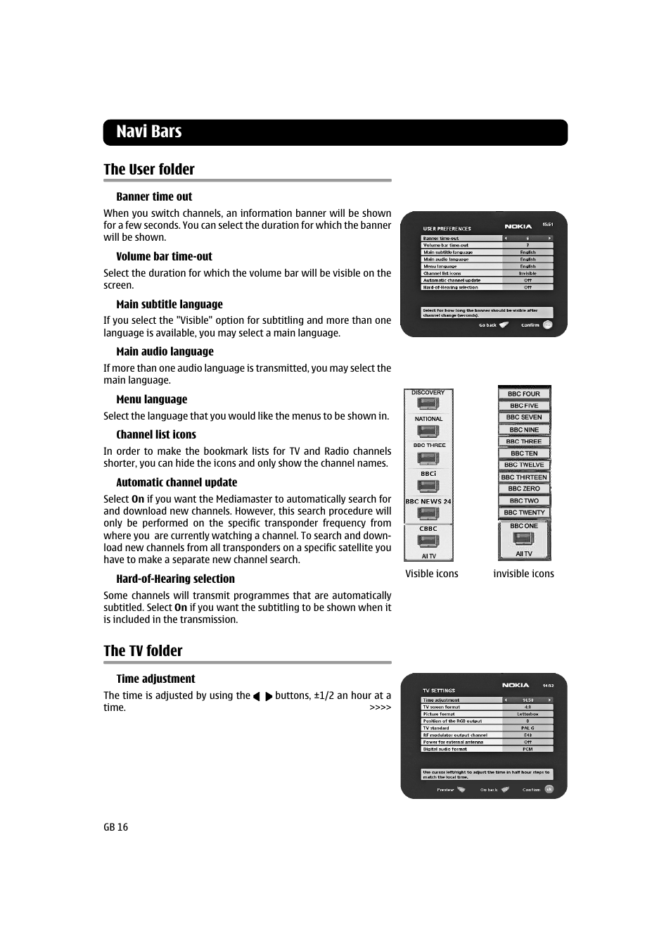 Navi bars, The user folder, The tv folder | Nokia 120 T User Manual | Page 16 / 26