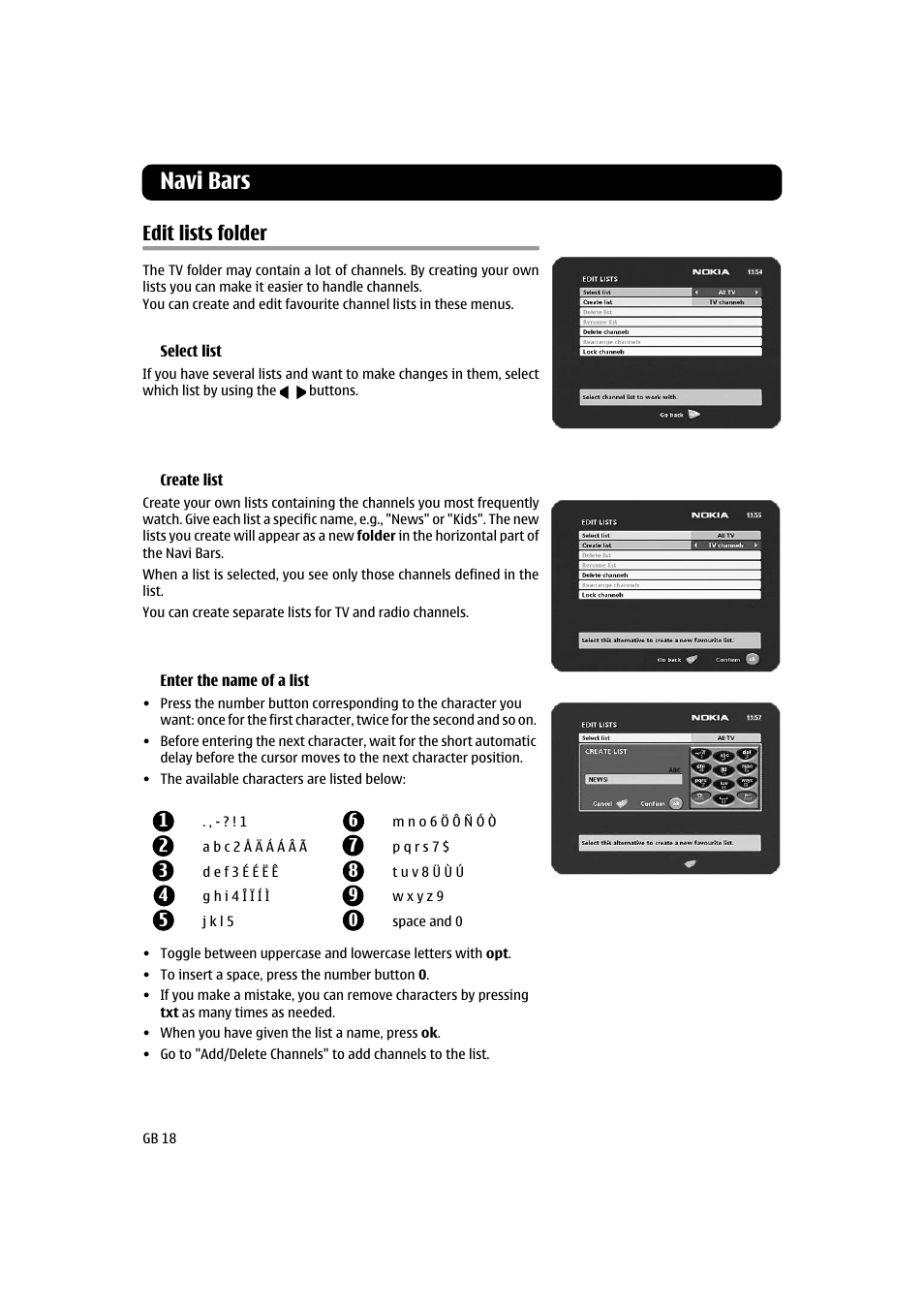 Navi bars, Edit lists folder | Nokia 120 T User Manual | Page 18 / 26