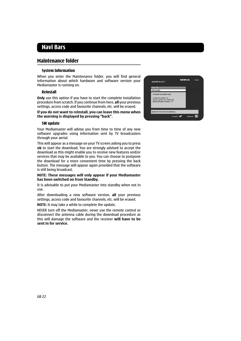Navi bars, Maintenance folder | Nokia 120 T User Manual | Page 22 / 26