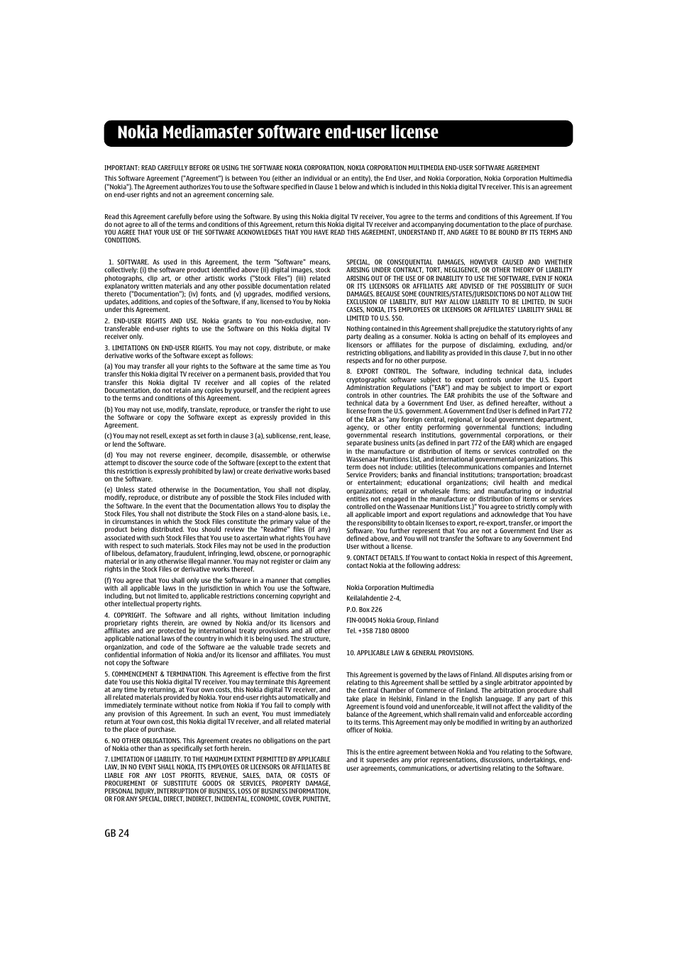 Nokia mediamaster software end-user license, Gb 24 | Nokia 120 T User Manual | Page 24 / 26