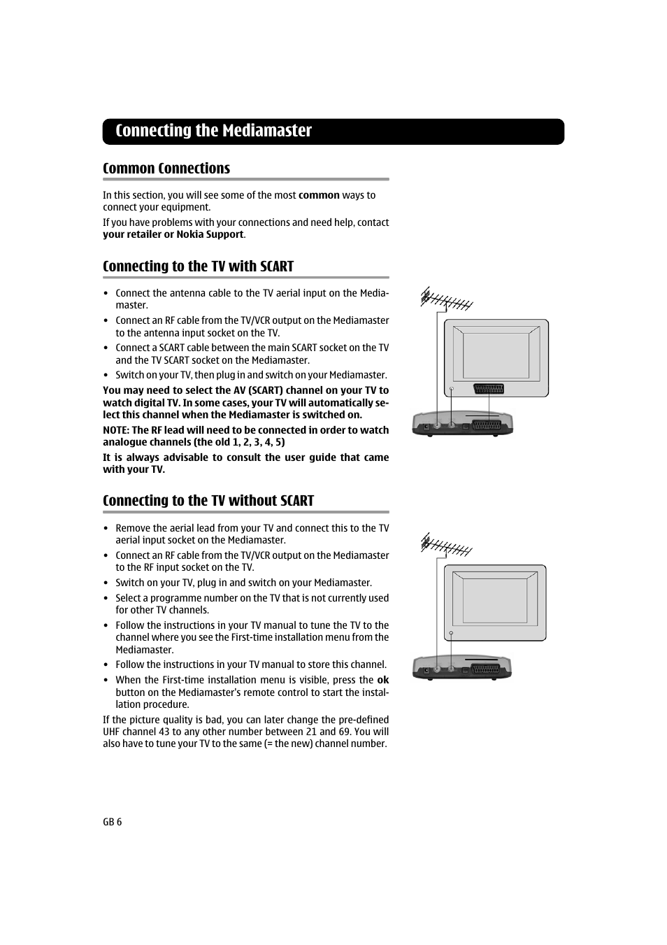 Connecting the mediamaster, Common connections, Connecting to the tv with scart | Connecting to the tv without scart | Nokia 120 T User Manual | Page 6 / 26