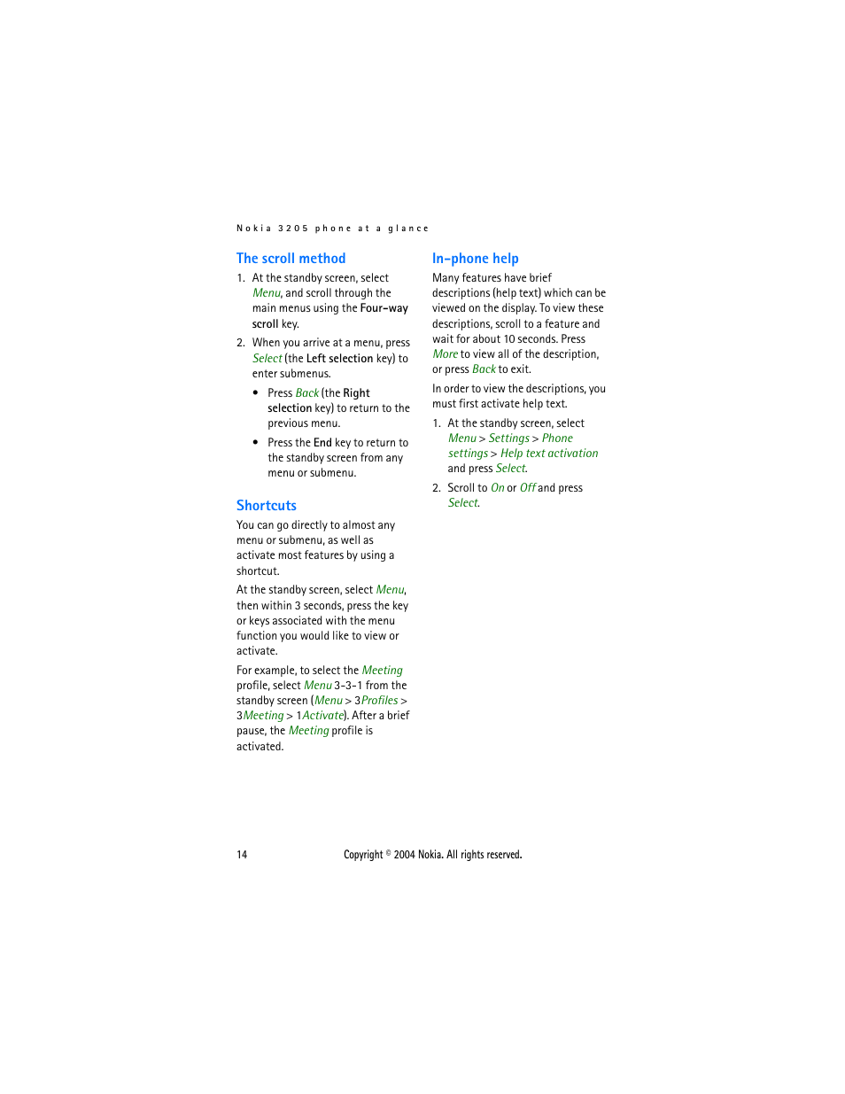 The scroll method, Shortcuts, In-phone help | The scroll method shortcuts in-phone help | Nokia 3205 User Manual | Page 14 / 99