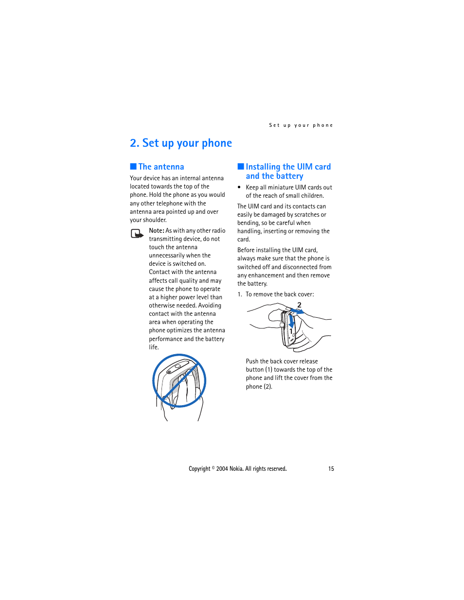 Set up your phone, The antenna, Installing the uim card and the battery | Nokia 3205 User Manual | Page 15 / 99