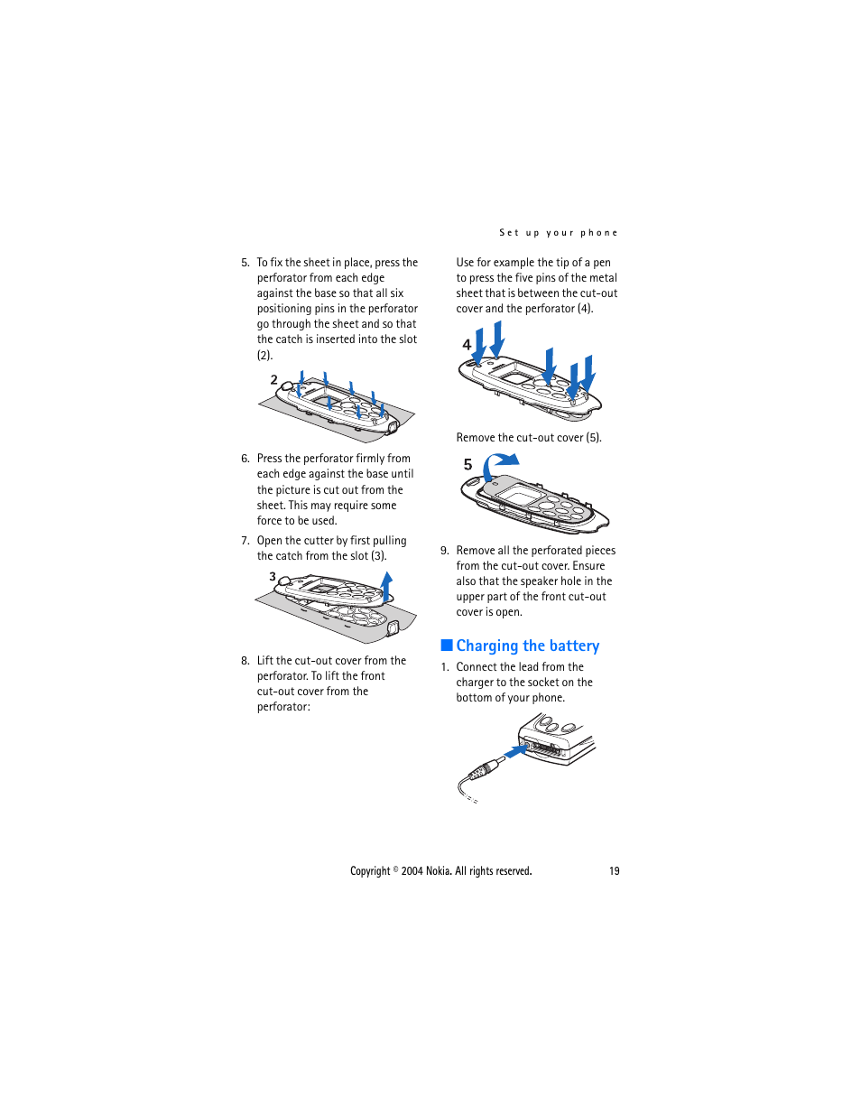 Charging the battery | Nokia 3205 User Manual | Page 19 / 99