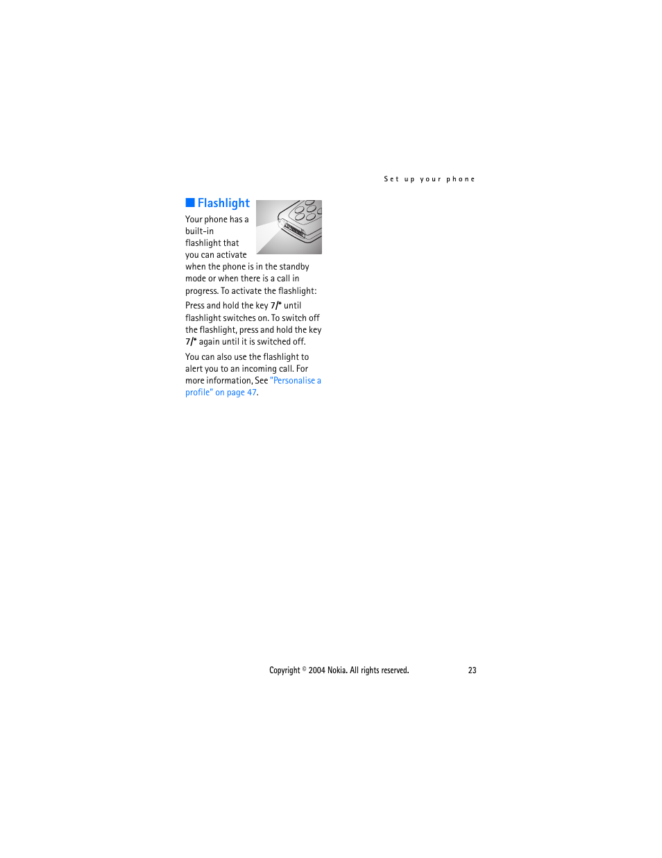 Flashlight | Nokia 3205 User Manual | Page 23 / 99