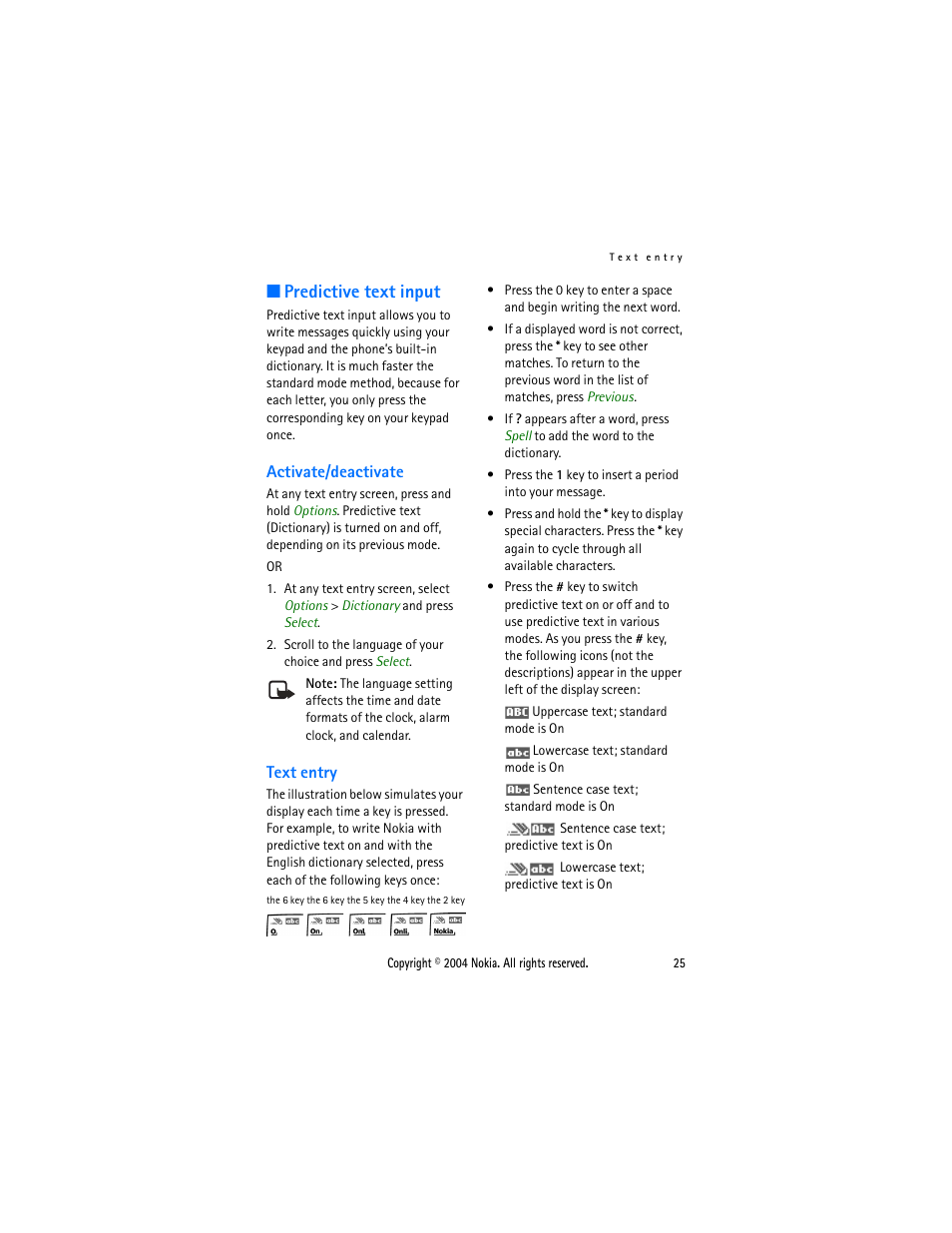 Predictive text input, Activate/deactivate, Text entry | Activate/deactivate text entry | Nokia 3205 User Manual | Page 25 / 99