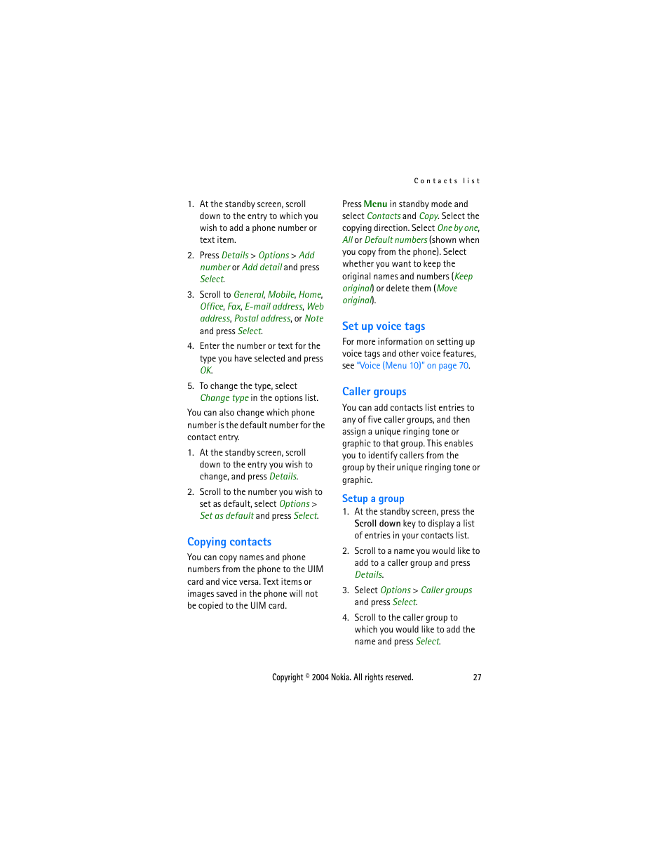 Copying contacts, Set up voice tags, Caller groups | Copying contacts set up voice tags caller groups | Nokia 3205 User Manual | Page 27 / 99