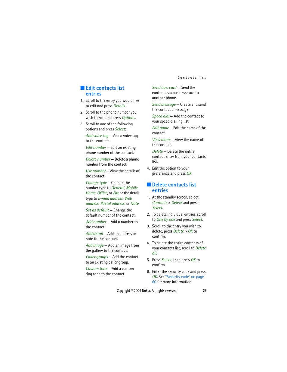 Edit contacts list entries, Delete contacts list entries | Nokia 3205 User Manual | Page 29 / 99