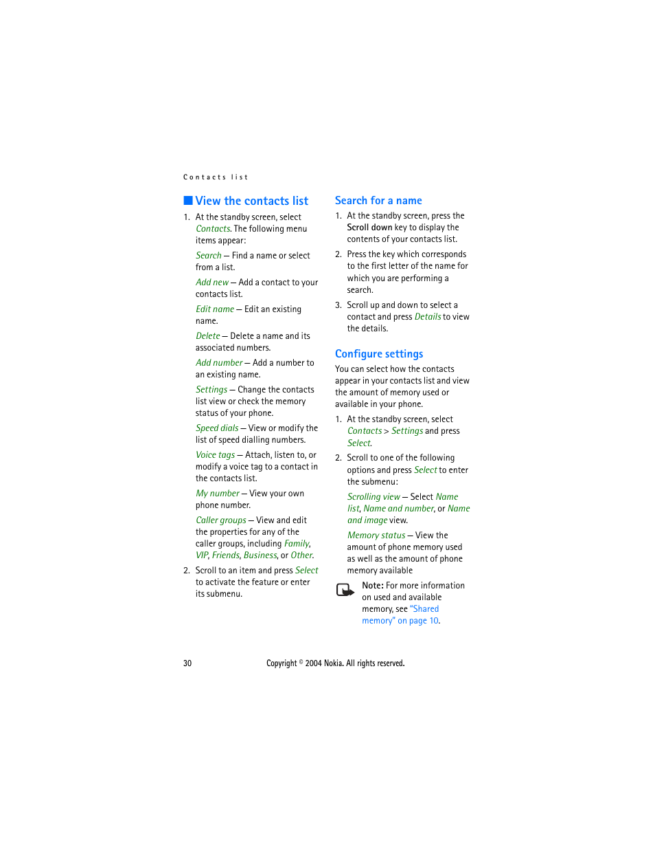 View the contacts list, Search for a name, Configure settings | Search for a name configure settings | Nokia 3205 User Manual | Page 30 / 99