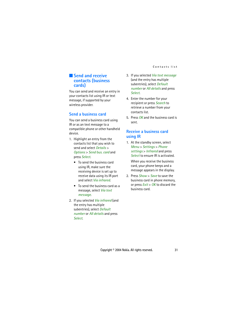 Send and receive contacts (business cards), Send a business card, Receive a business card using ir | Nokia 3205 User Manual | Page 31 / 99