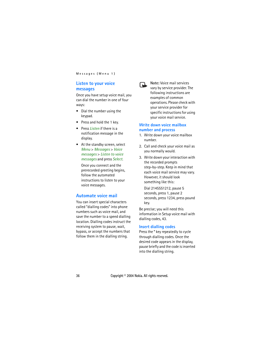 Listen to your voice messages, Automate voice mail, Listen to your voice messages automate voice mail | Nokia 3205 User Manual | Page 36 / 99