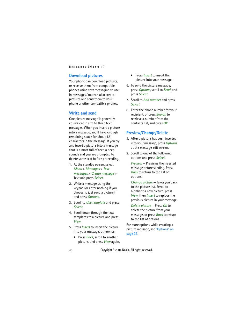 Download pictures, Write and send, Preview/change/delete | Nokia 3205 User Manual | Page 38 / 99